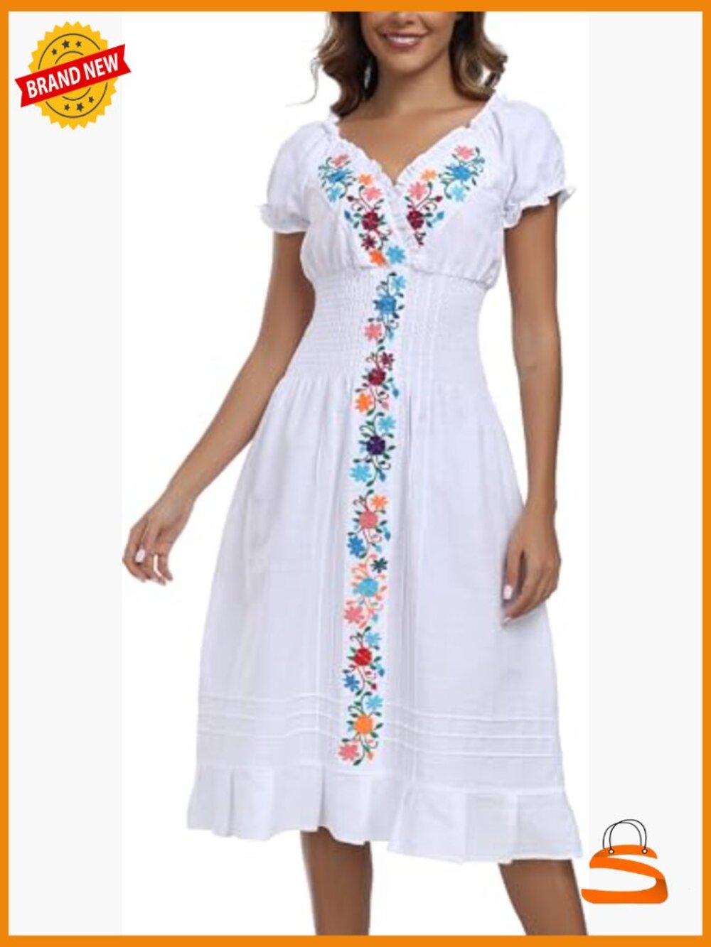 Women's Mexican Embroidered Casual Dress V-Neck Short Sleeves Boho - Picture 4 of 7